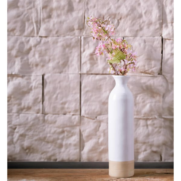 Cylinder Shaped Tall Spun Bamboo Floor Vase Glossy White Lacquer And Natural Bamboo Finish, Small